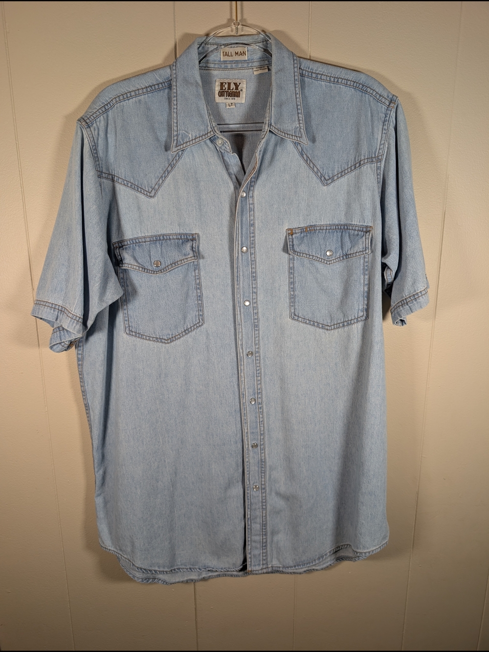 Ely Cattleman Denim Western Shirt Tall Man LT Light Wash Pearl Snap Cowboy - Picture 3 of 8